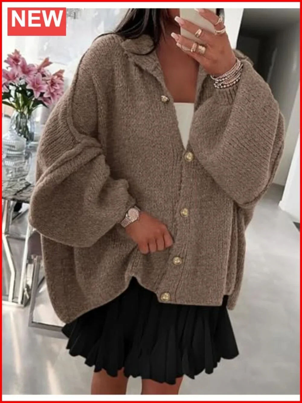 Oversized Chunky Knit Button Down Lantern Sleeve Cardigan Sweater